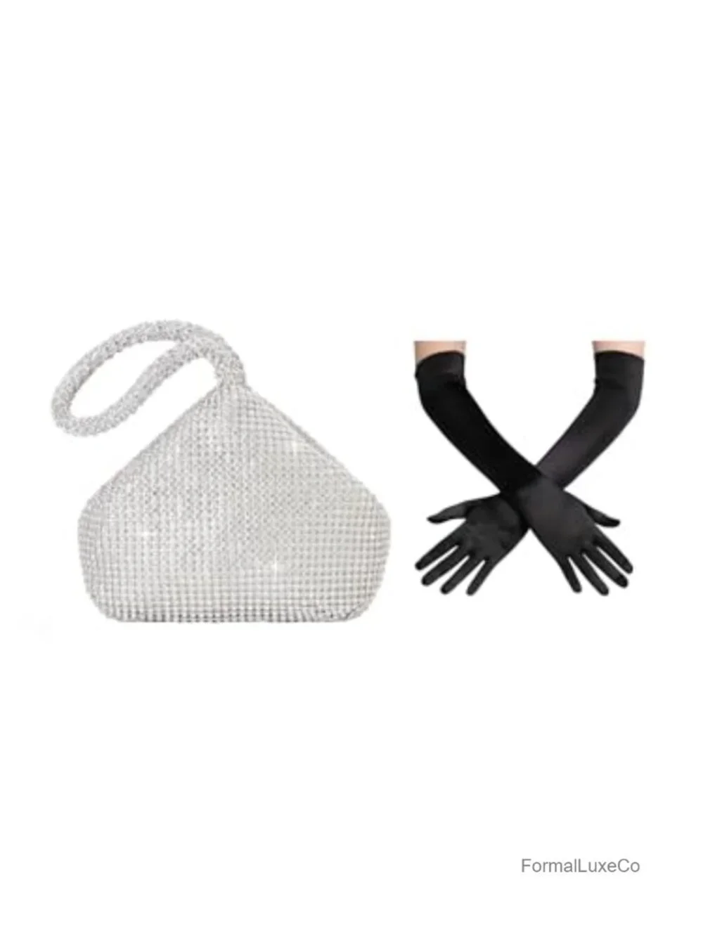 Rhinestone Clutch Evening Bag with Long Satin Opera Gloves